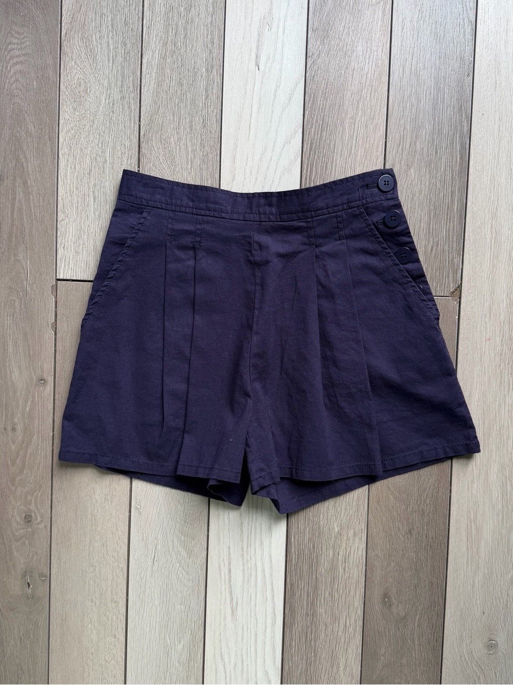 Max Studio Navy High-Waist Pleated Shorts with Side Buttons